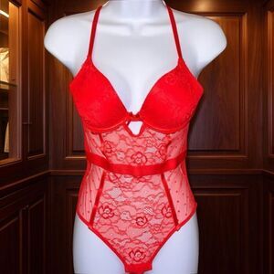 NWT Sexy French Affair 1 Piece Racing Red Lace Push Up Lingerie Size Medium
